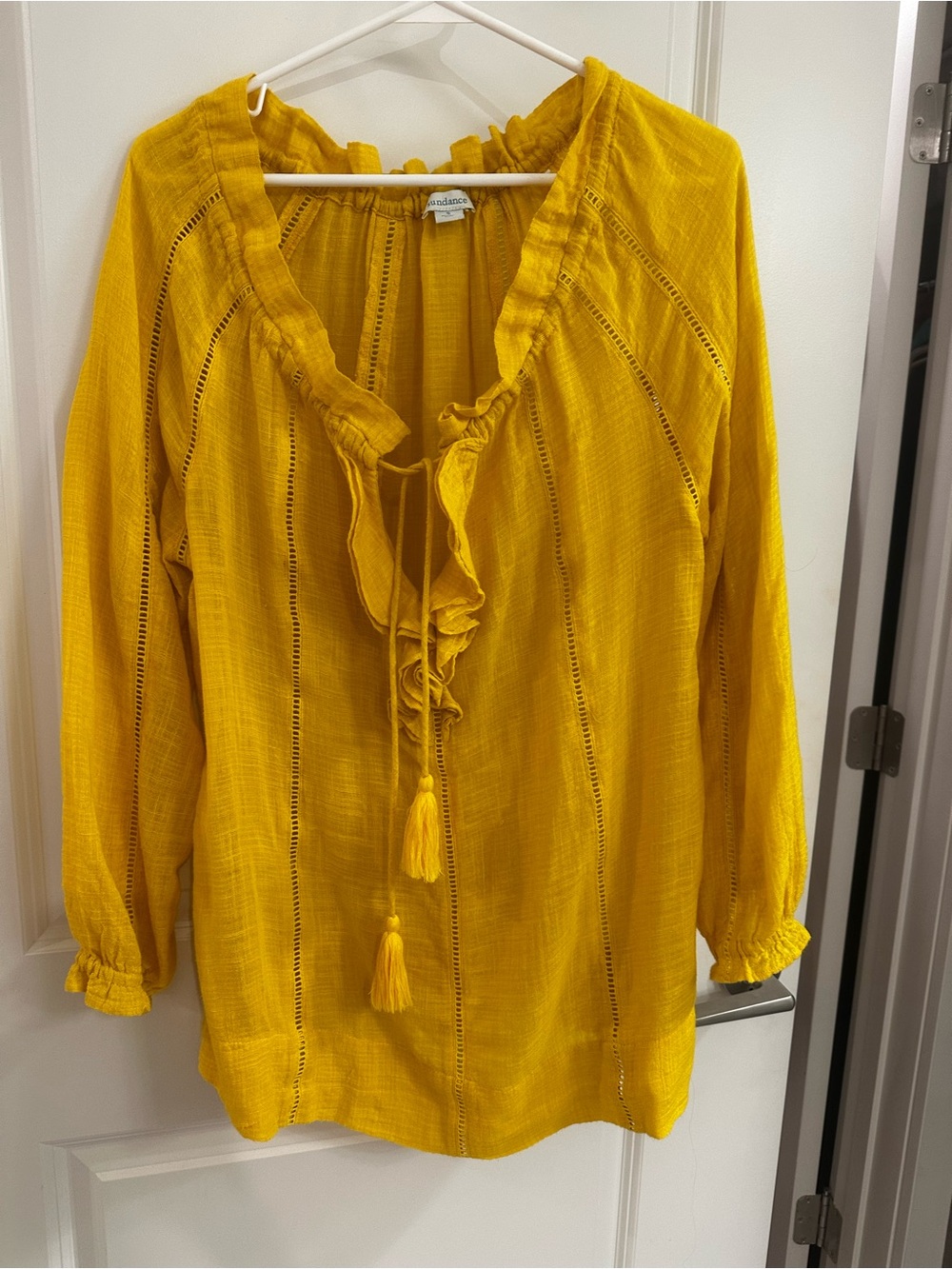 Sundance Mustard Yellow Ruffle-Tie Peasant Tunic
